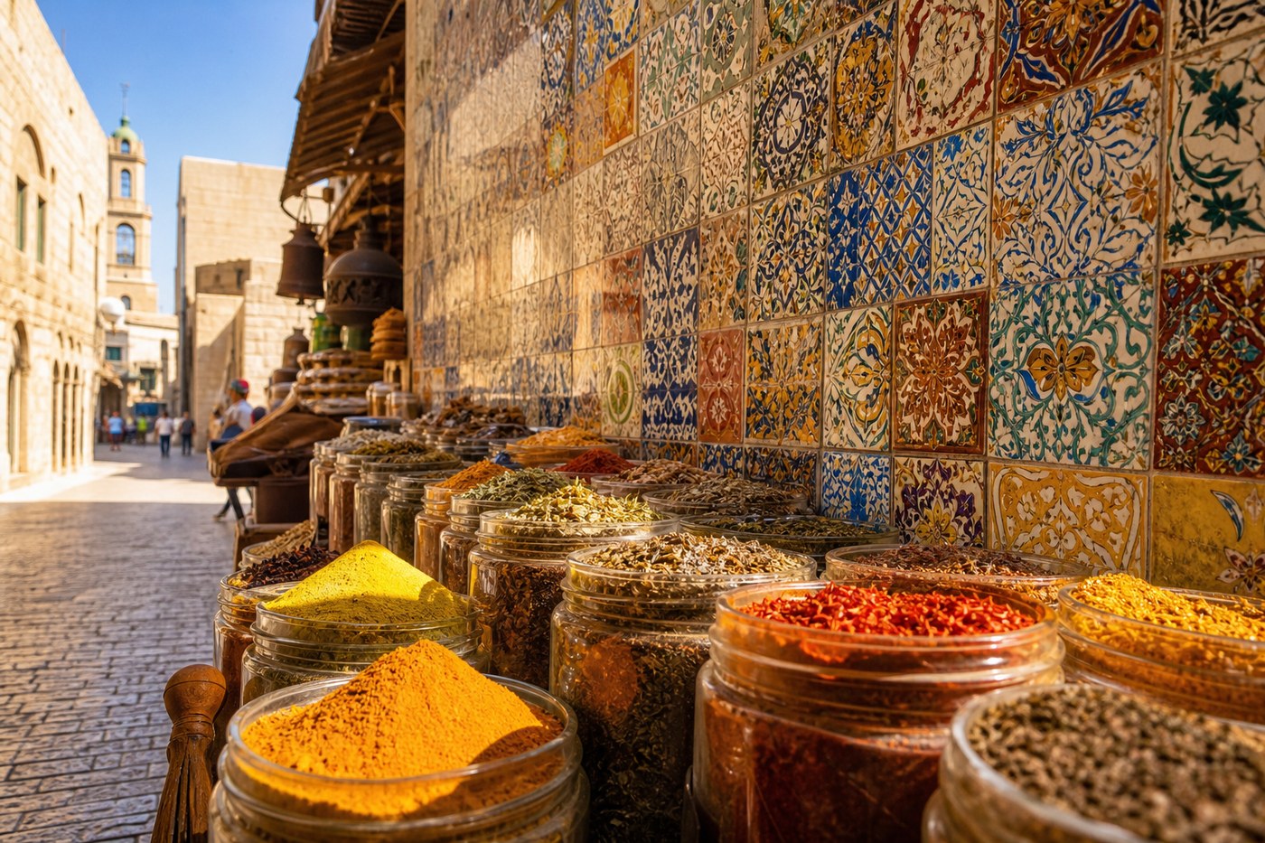 Colorful tiles near Jaffa Clock Tower neighborhood