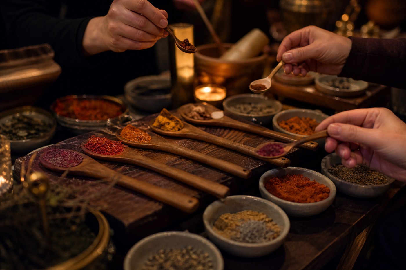 Spice tasting bar with wooden spoons